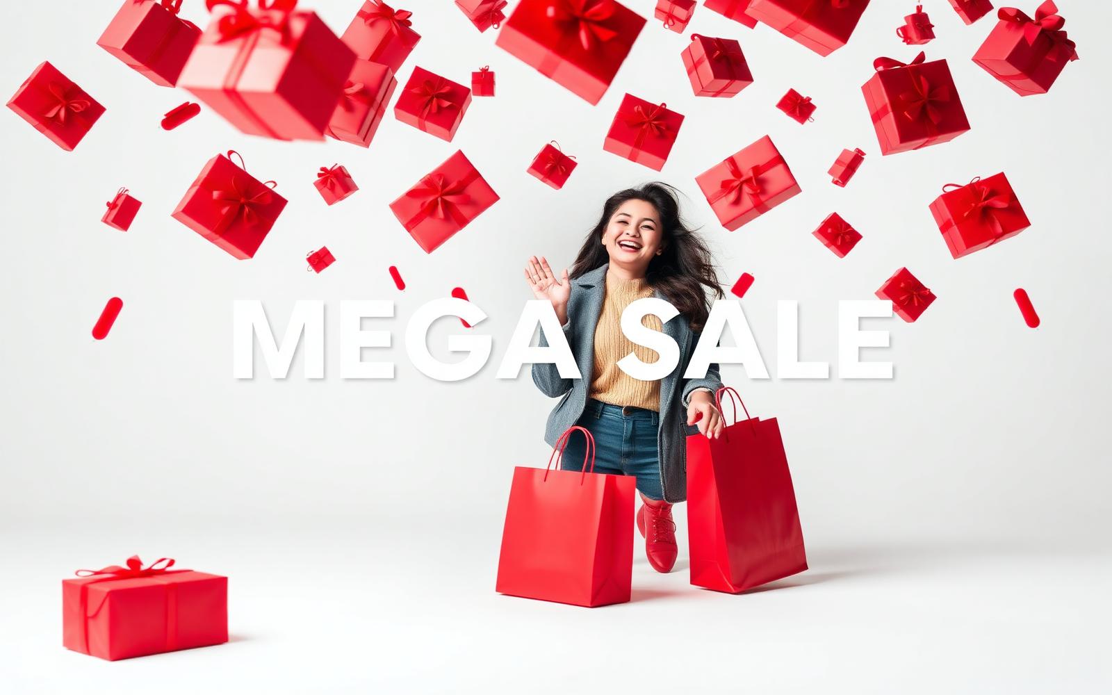 Shopper celebrating with red gift boxes and shopping bags