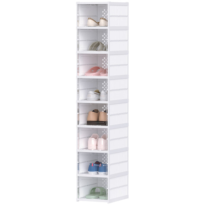 Eight foldable stackable shoe storage boxes with clear doors