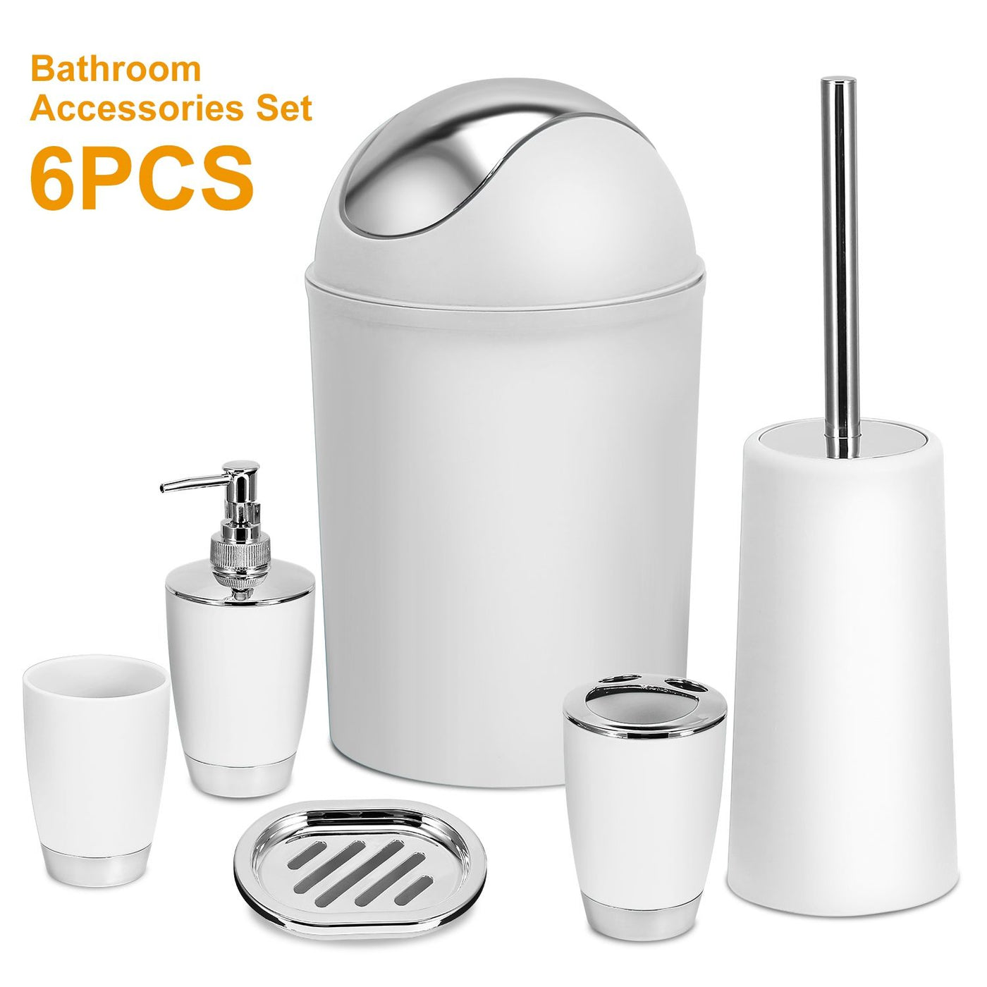 Six-piece bathroom accessory set with soap dispenser and tray