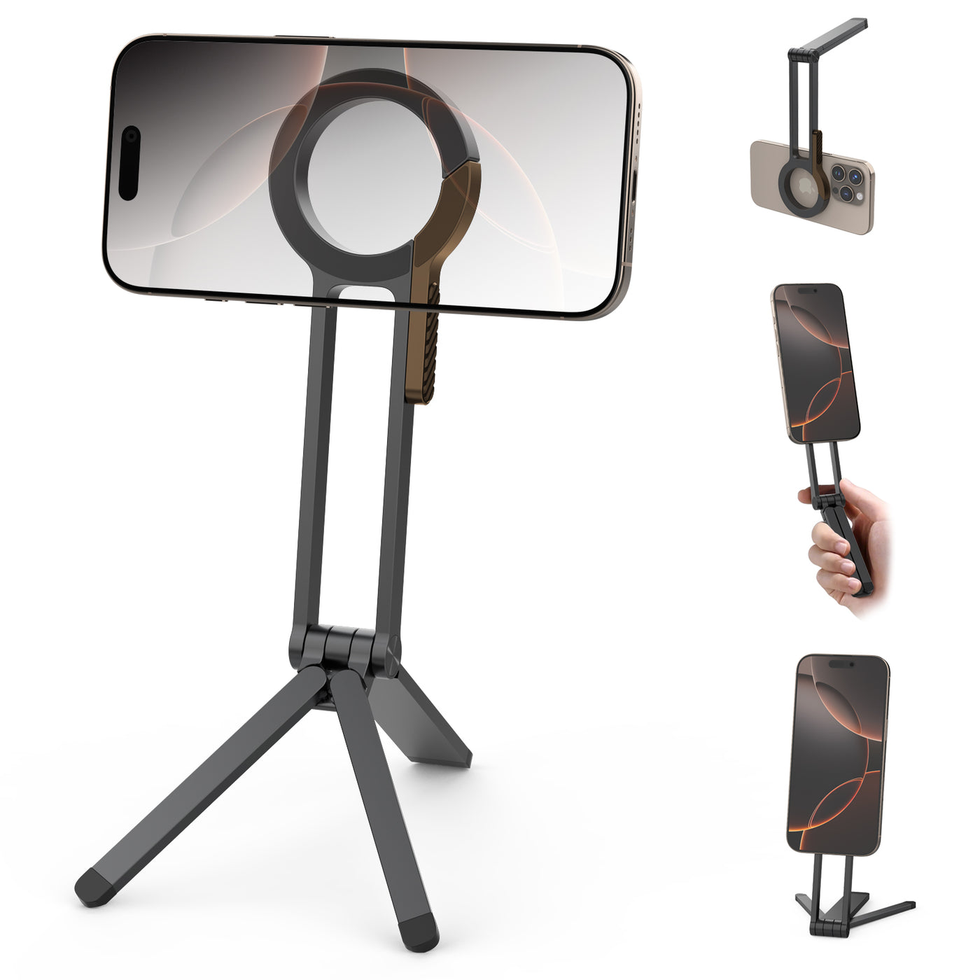 Magnetic folding phone stand with carabiner clip