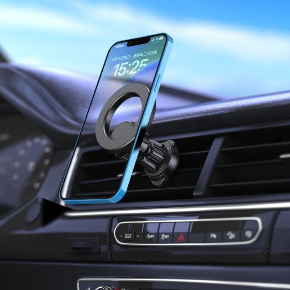 Magnetic air vent car phone mount holding a smartphone