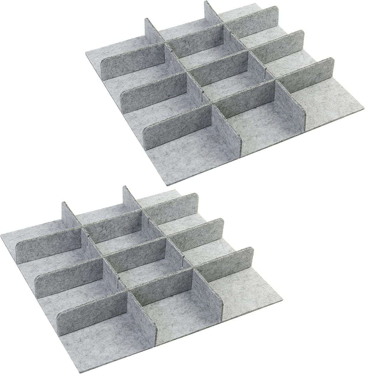 Two sets of adjustable grey felt drawer dividers