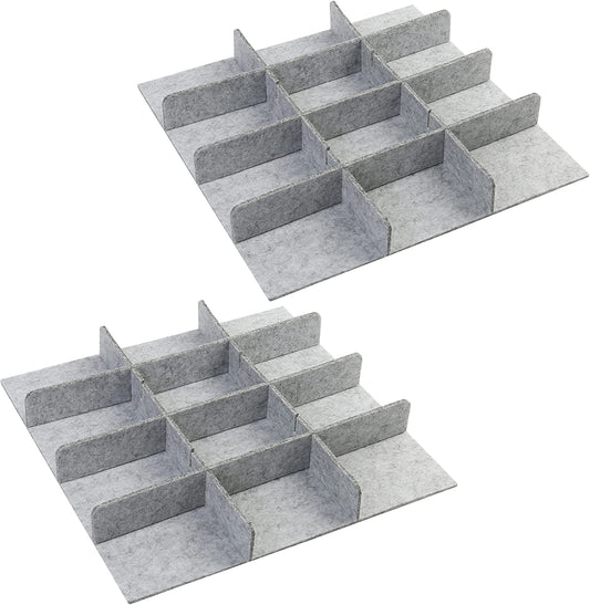 Two sets of adjustable grey felt drawer dividers
