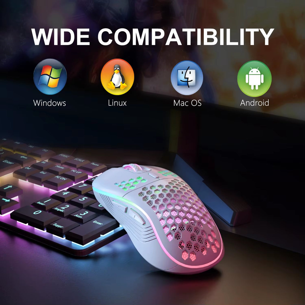 2.4G Wireless Mouse with RGB Backlit 6-Button 3-Speed DPI Type C Rechargeable Ergonomic Honeycomb Design Gaming Mouse