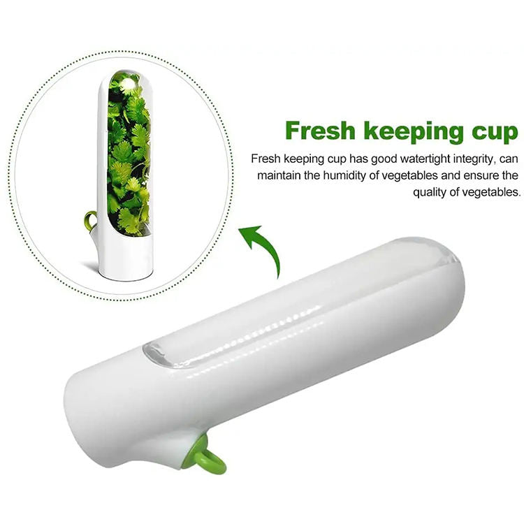 Herb keeper cup shown open and closed with fresh herbs