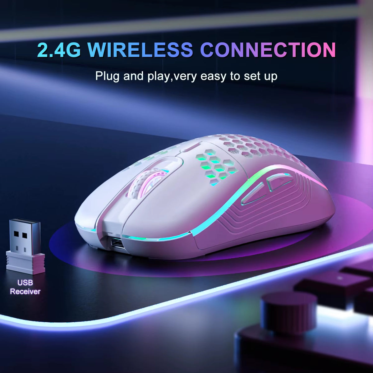 2.4G Wireless Mouse with RGB Backlit 6-Button 3-Speed DPI Type C Rechargeable Ergonomic Honeycomb Design Gaming Mouse