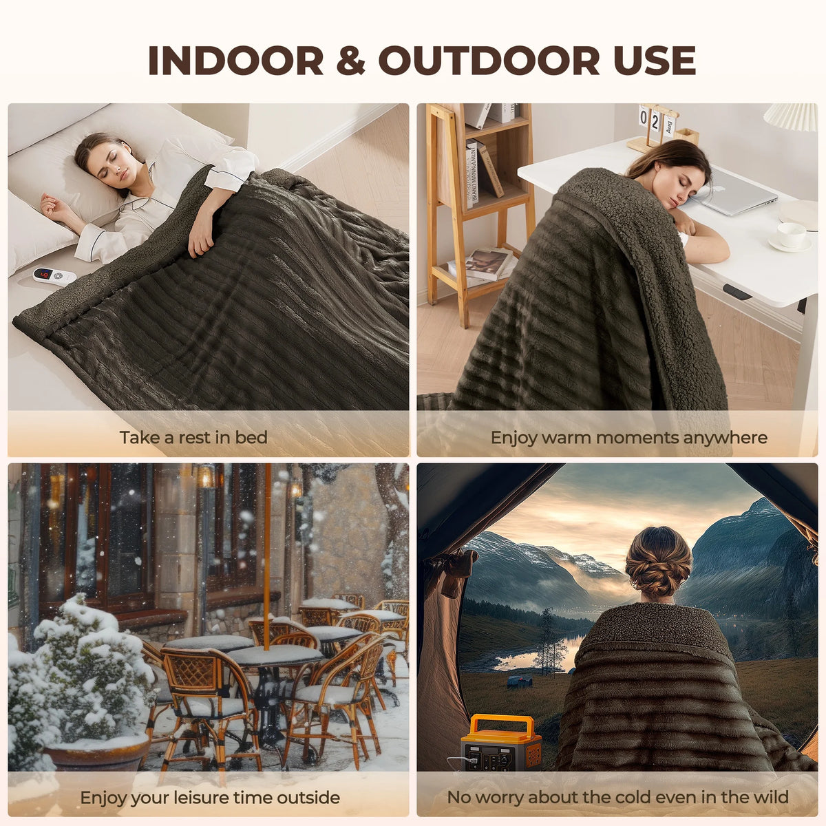Electric Throw Blanket Extra Large Size, 50" X 72" Soft Faux Fur Heated Throw Blanket, 6 Heating Levels, 4 Hours Timer - Brown