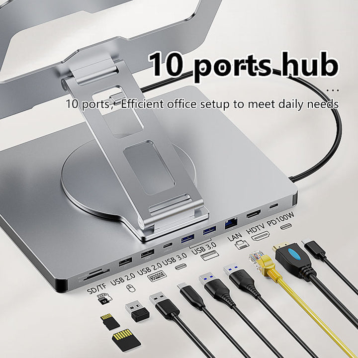 Close-up of the 10 ports on the USB-C hub stand