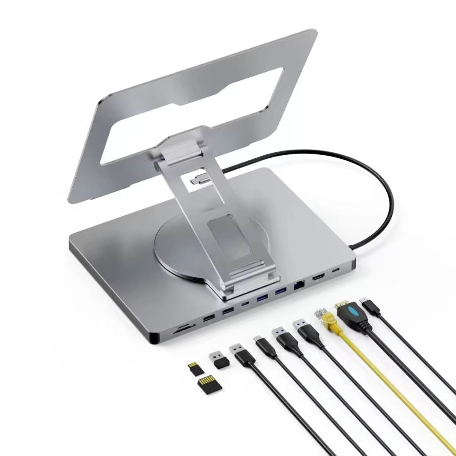 Aluminium 10-in-1 USB-C hub stand with cables and memory cards