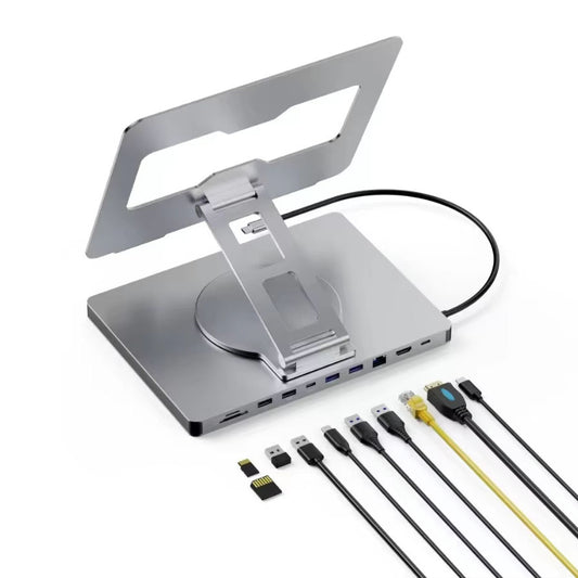 Aluminium 10-in-1 USB-C hub stand with cables and memory cards