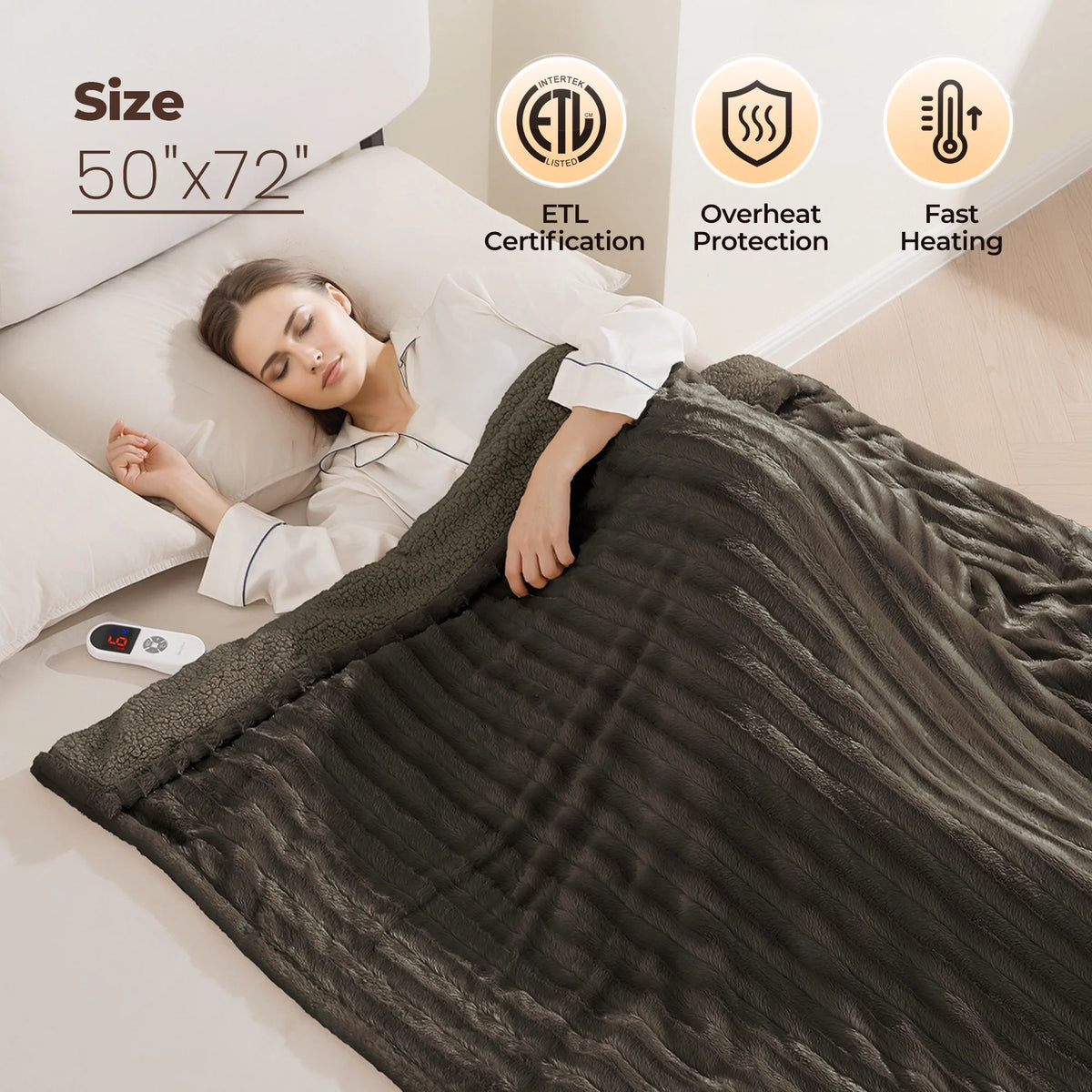 Electric Throw Blanket Extra Large Size, 50" X 72" Soft Faux Fur Heated Throw Blanket, 6 Heating Levels, 4 Hours Timer - Brown