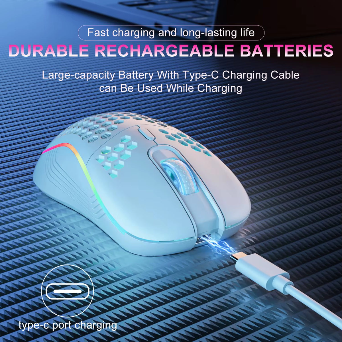 2.4G Wireless Mouse with RGB Backlit 6-Button 3-Speed DPI Type C Rechargeable Ergonomic Honeycomb Design Gaming Mouse