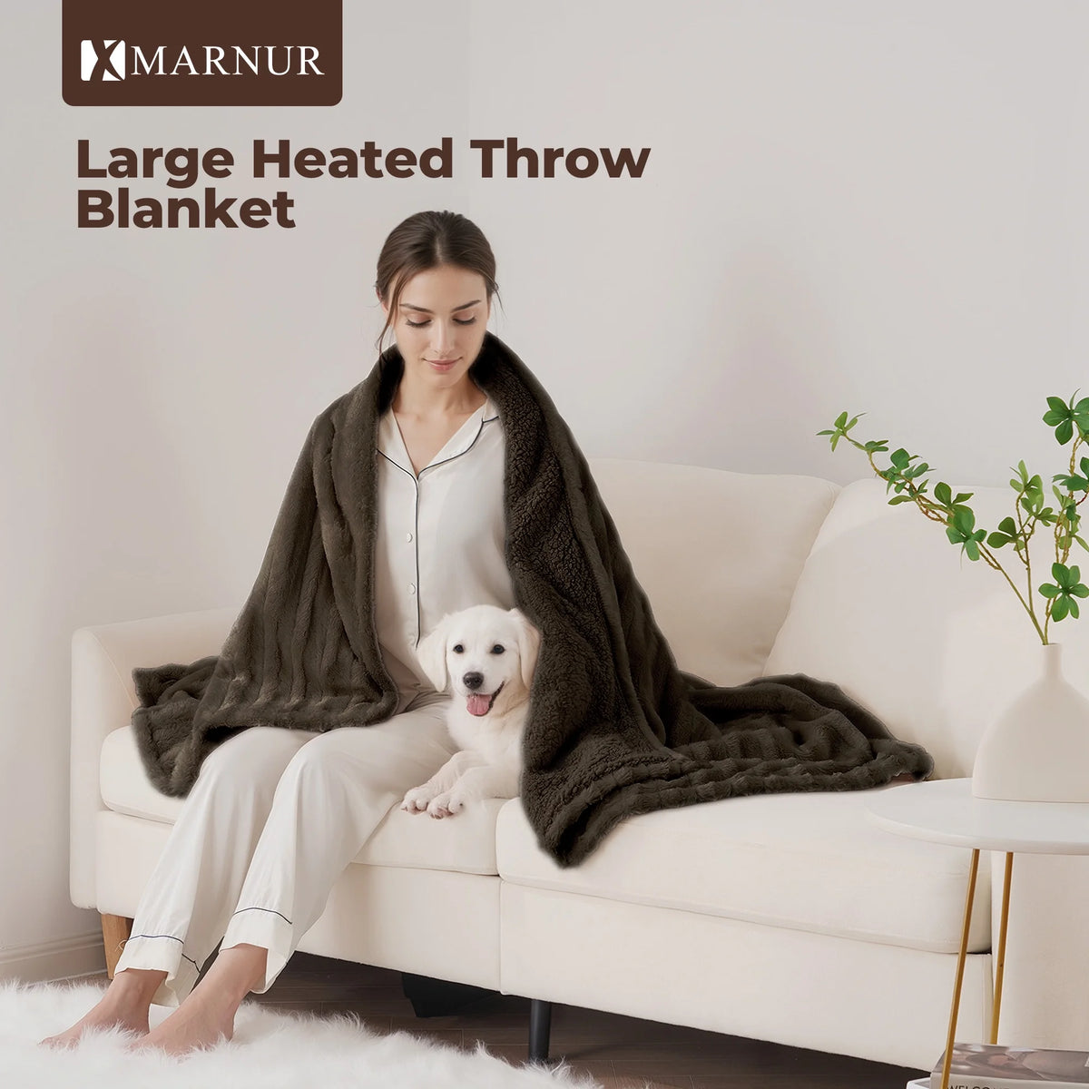 Electric Throw Blanket Extra Large Size, 50" X 72" Soft Faux Fur Heated Throw Blanket, 6 Heating Levels, 4 Hours Timer - Brown