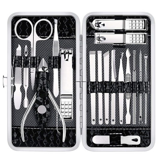 18-piece stainless steel manicure and grooming kit in a black zip case