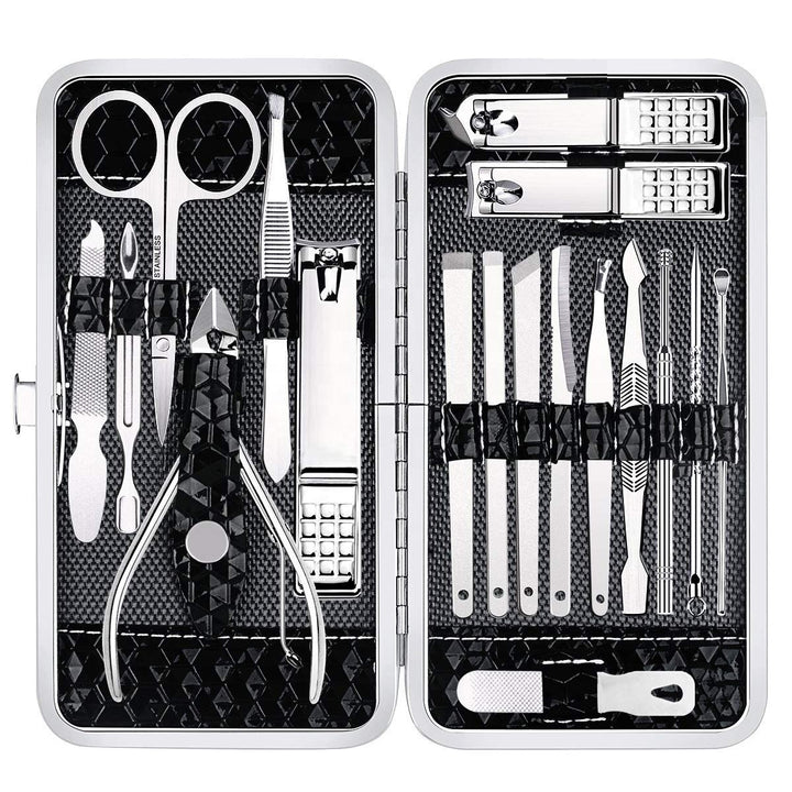 18-piece stainless steel manicure and grooming kit in a black zip case